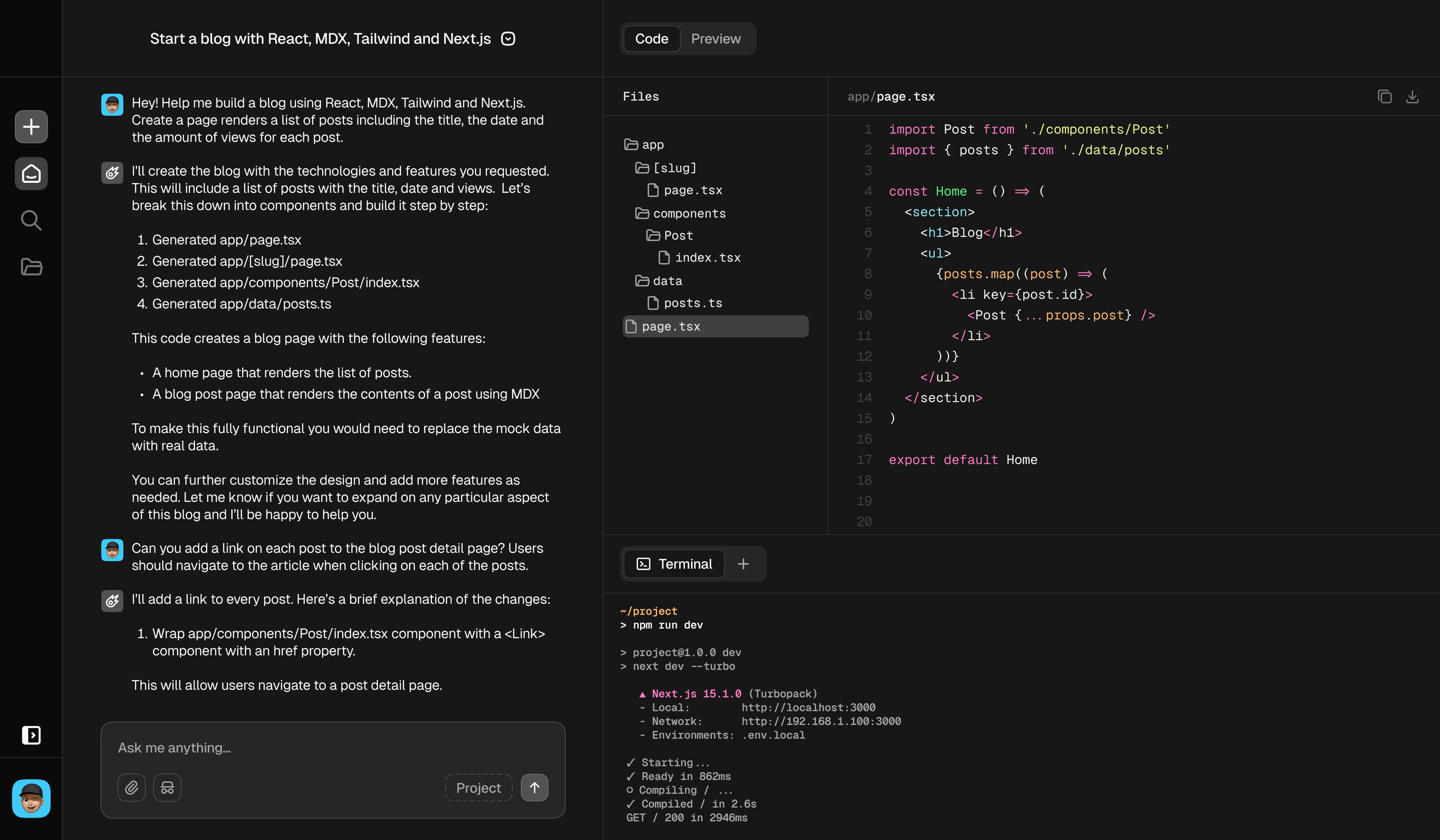 A screenshot of a AI chat web application showing a conversation between a user and the bot solving a coding project, with a code editor and a terminal next to the chat. made by bueno.studio. Item 3 of 6