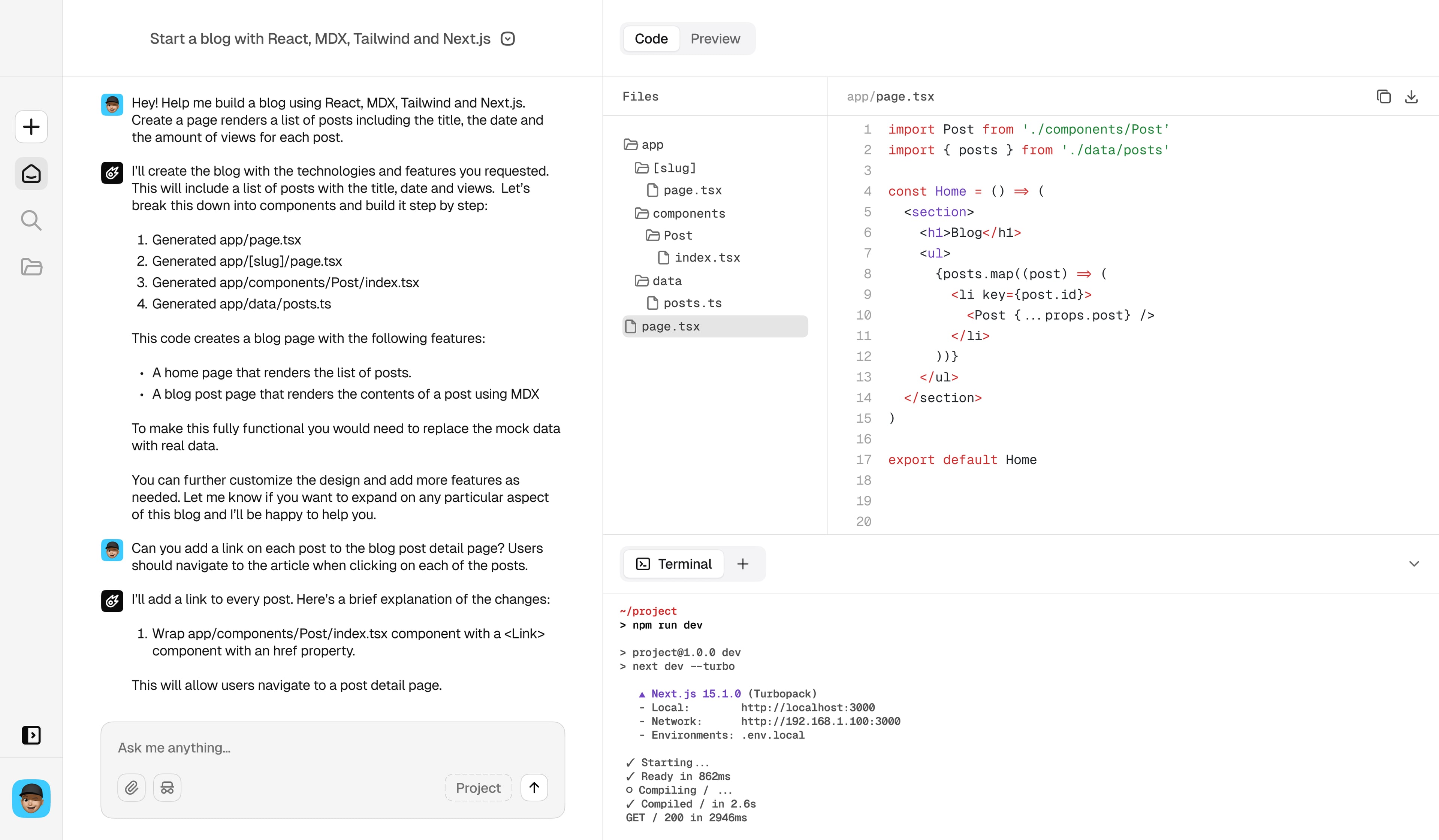 A screenshot of a AI chat web application showing a conversation between a user and the bot solving a coding project, with a code editor and a terminal next to the chat. made by bueno.studio. Item 3 of 6