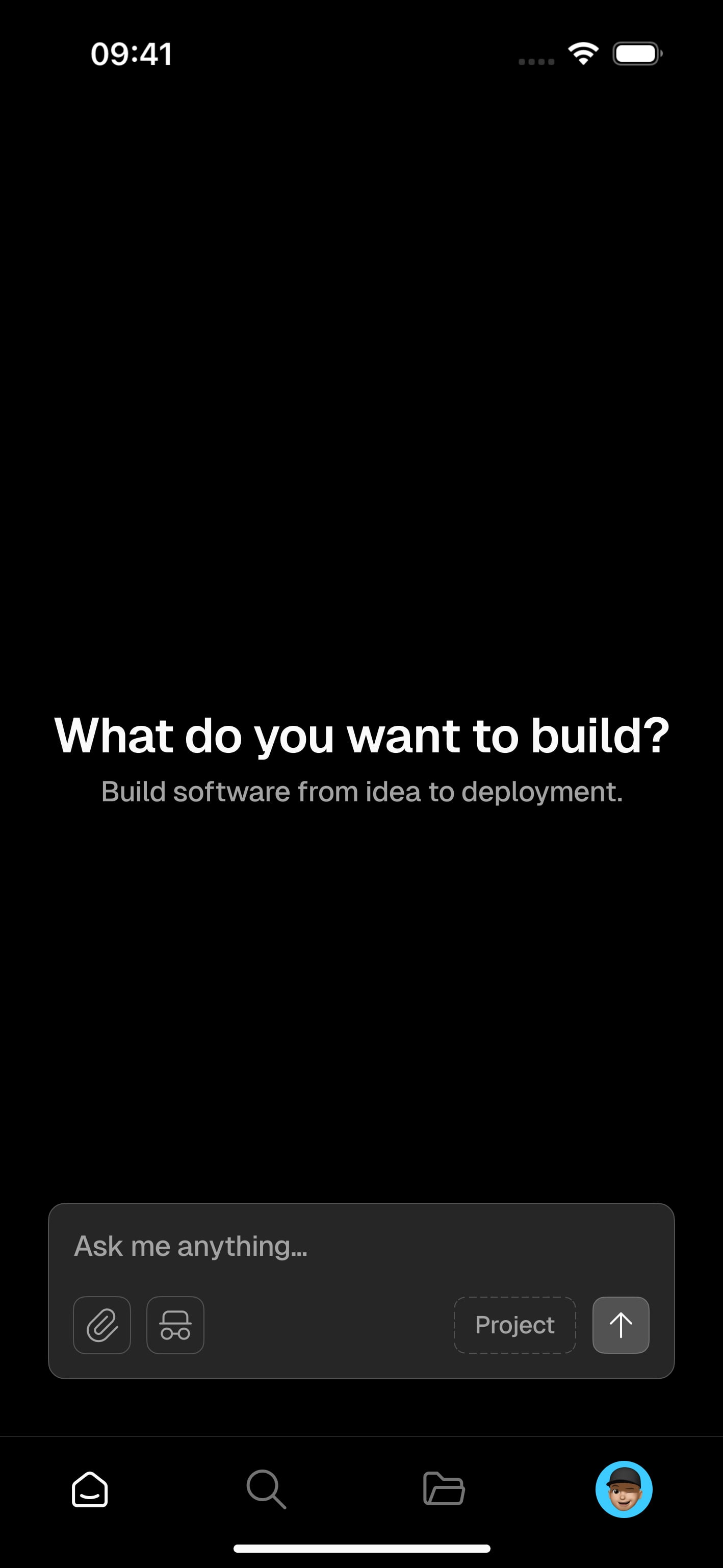 A screenshot of a AI chat web application showing the home screen with a text input asking the user what do they want to build. made by bueno.studio. Item 4 of 6