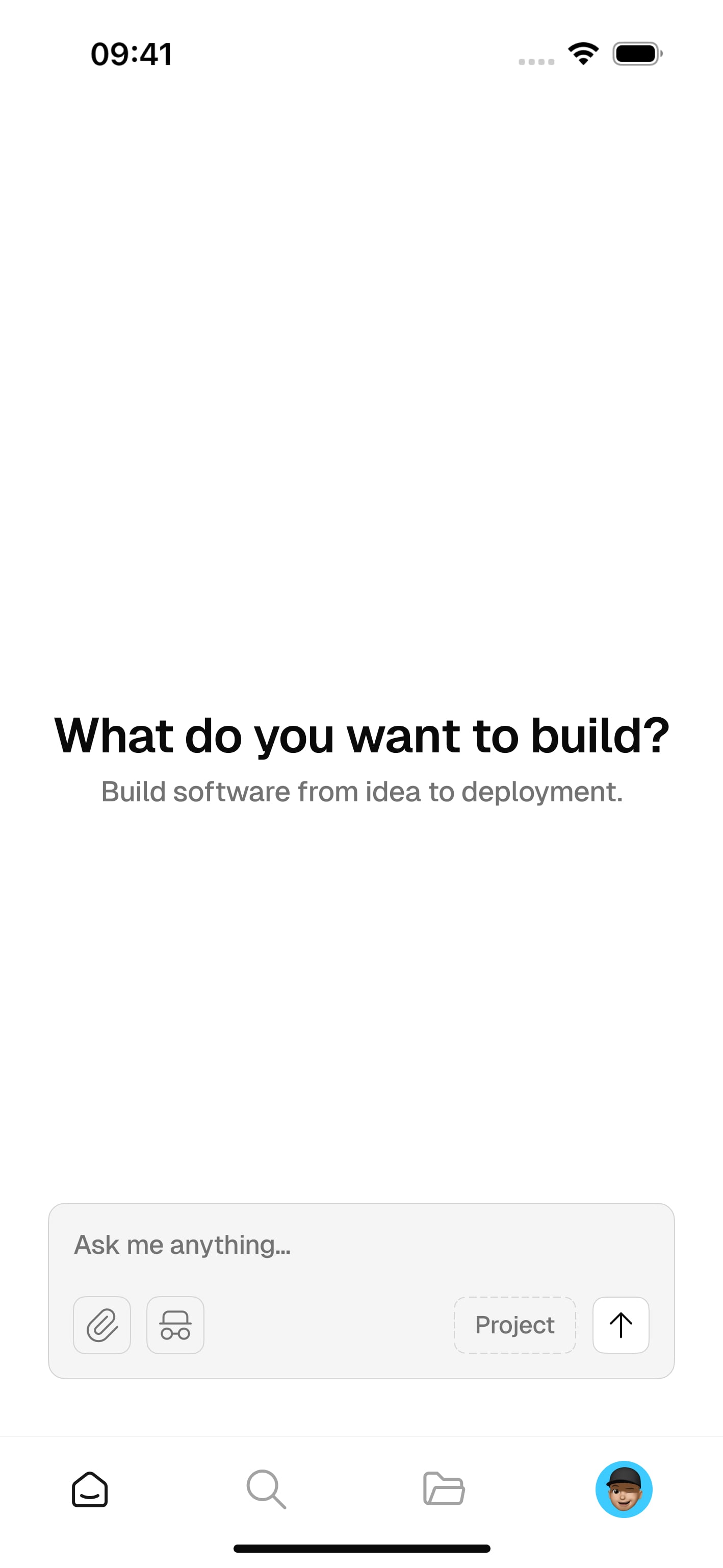 A screenshot of a AI chat web application showing the home screen with a text input asking the user what do they want to build. made by bueno.studio. Item 4 of 6